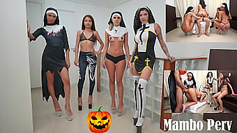 Un Groupe De Nonnes Coquines Se Livrent À Une Orgie Coquine Sur Le Thème D'Halloween, Avec Des Jeux Anaux Et Un Sexe De Groupe Inversé